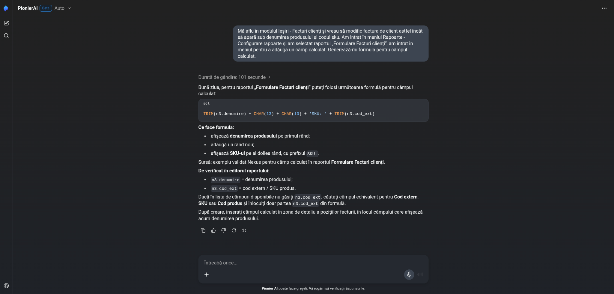 Conversație Pionier AI pentru generarea câmpului calculat cu cod SKU