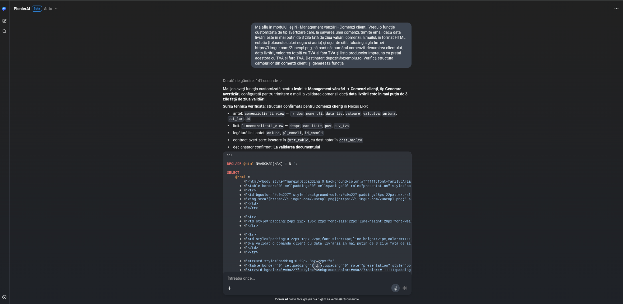 Conversație Pionier AI pentru alerta programată pe e-mail
