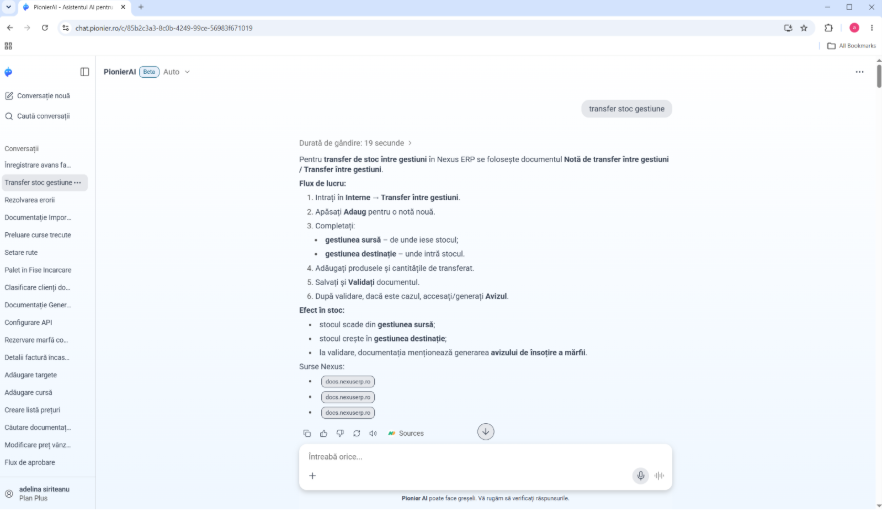 Răspuns Pionier AI pentru solicitarea pe cuvinte-cheie transfer stoc gestiune