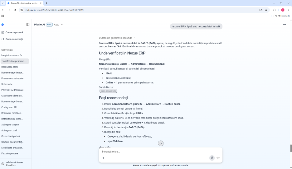 Răspuns Pionier AI pentru eroarea IBAN lipsă sau necompletat în SAF-T