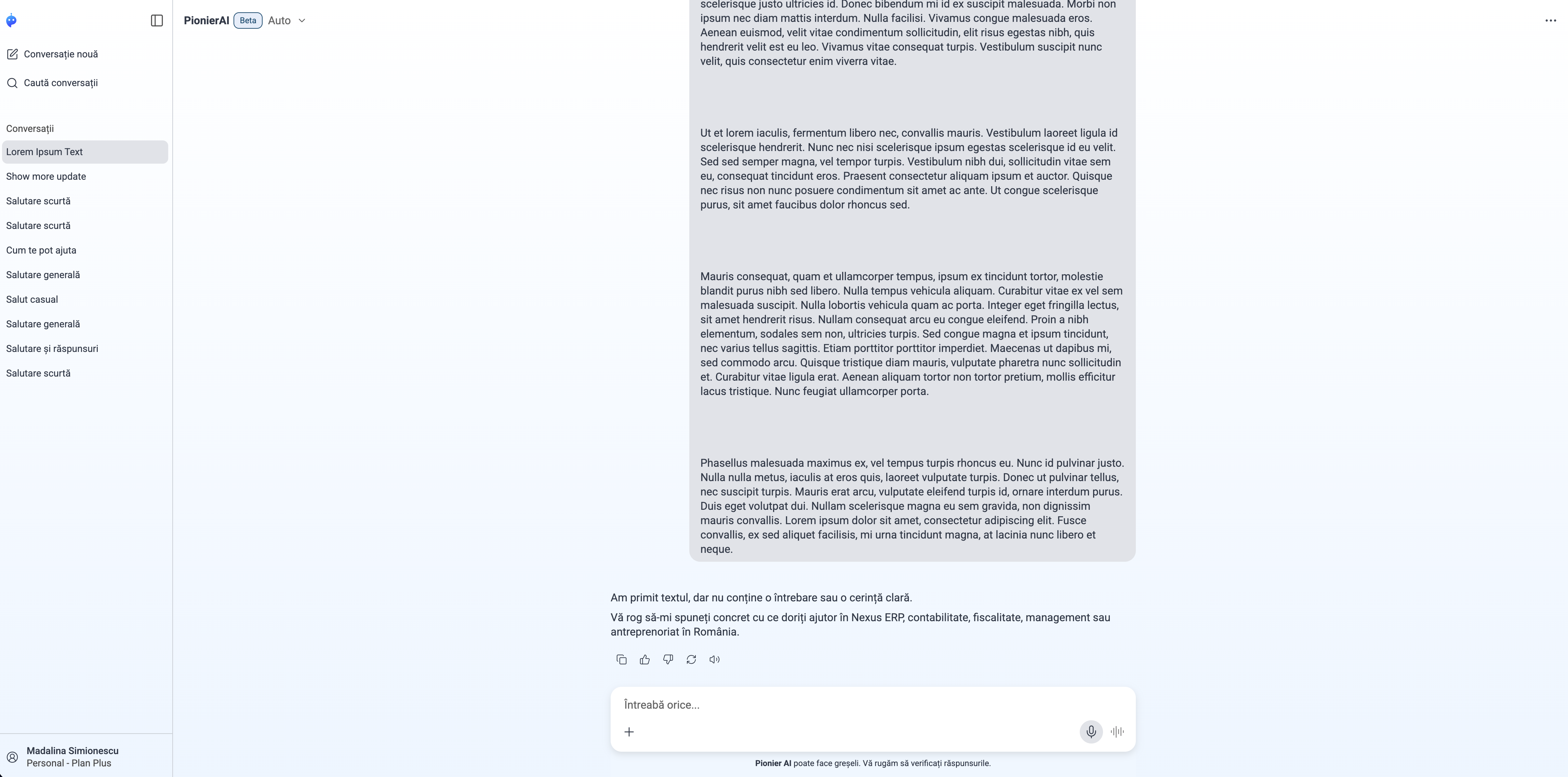 Previzualizare conversație Pionier AI într-un spațiu de lucru
